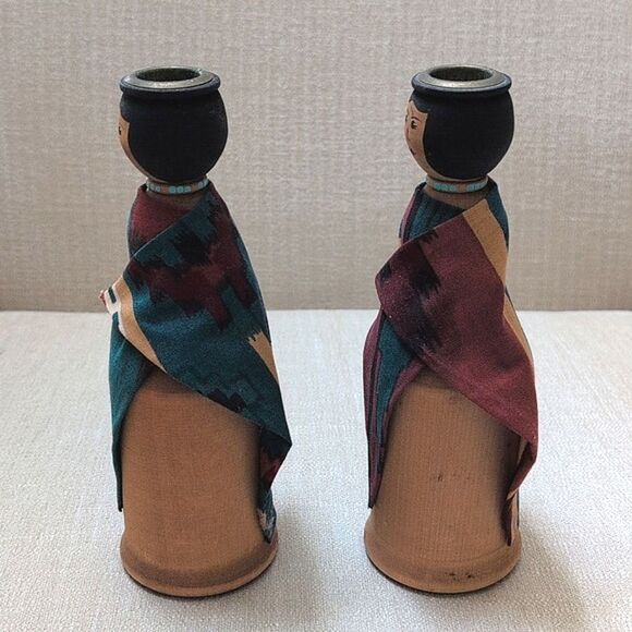 Handcrafted Solid Wood Native American Women Taper Candleholders Set of 2 - Picture 3 of 12